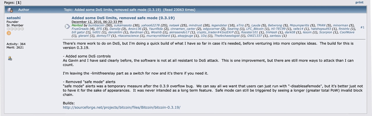 A última mensagem de Satoshi Nakamoto no Bitcointalk.org.