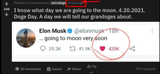 Elon Musk diz que algo vai pra lua 8 dias antes da Doge disparar.