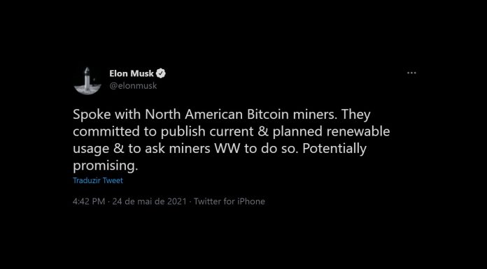 Musk diz que conversou com mineradores de Bitcoin. Imagem Twitter