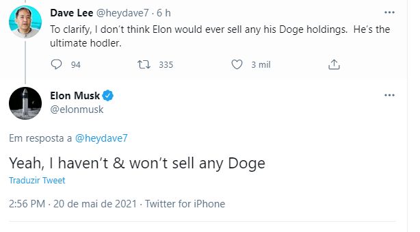 Elon Musk diz que não vendeu Dogecoin. Imagem: Twitter