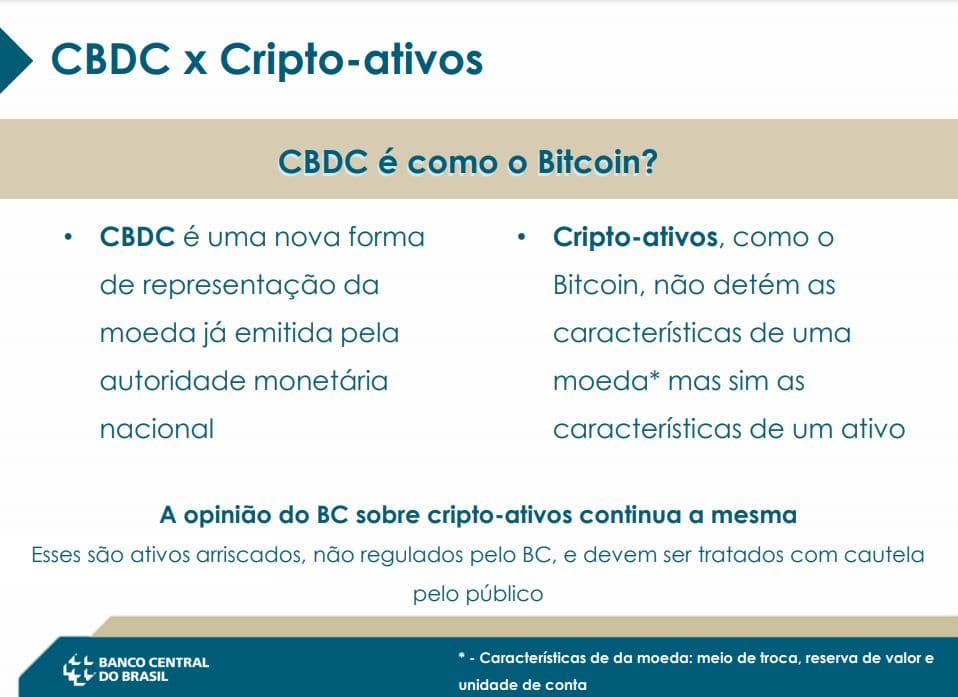 Banco Central do Brasil explica diferenças entre CBDC e Bitcoin ao apresentar Real digital