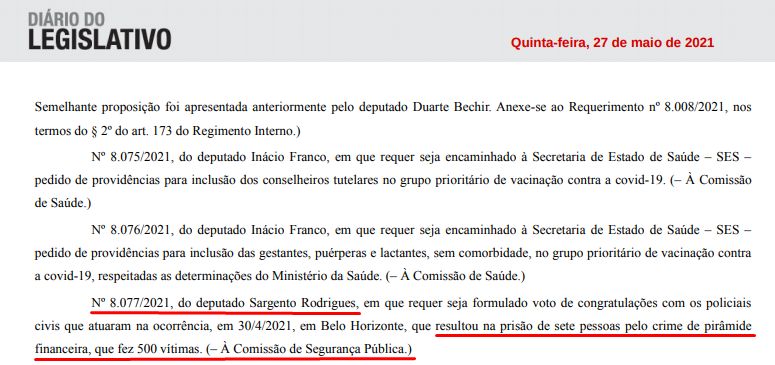 Deputado apresenta requerimento para homenagear policiais que encerraram pirâmide de Bitcoin em Belo Horizonte