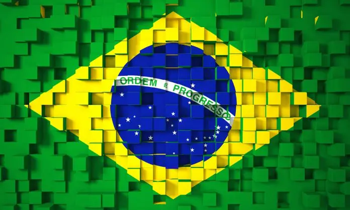 Bandeira do Brasil em blocos bitcoin blockchain