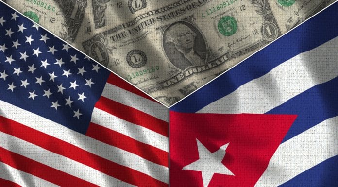 Bandeira dos Estados Unidos e Cuba com Dólar no meio