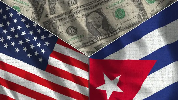 Bandeira dos Estados Unidos e Cuba com Dólar no meio