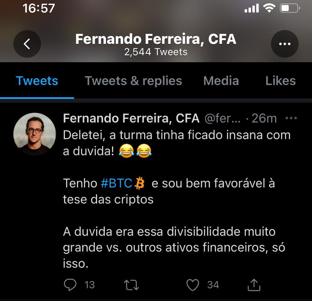 Fernando Ferreira apaga post sobre dúvida do Bitcoin ser infinito