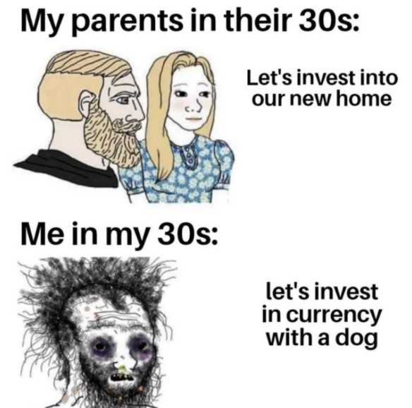 Meme sobre investir em imóvel ou Dogecoin