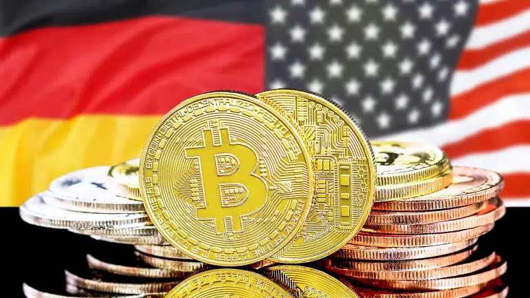 Bandeiras dos Estados Unidos, Alemanha e Bitcoin