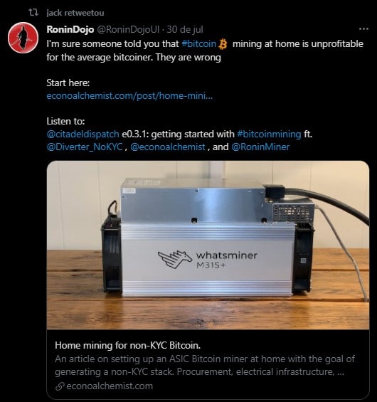 Jack Dorsey retweetou imagem que afirma que mineração de Bitcoin é lucrativa para pessoas em casa