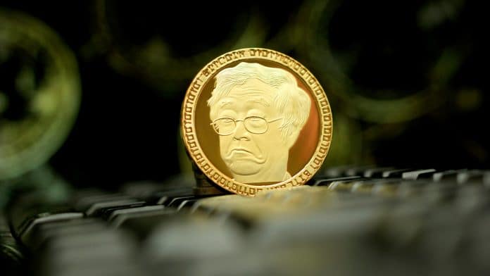 Moeda com imagem de Dorian Nakamoto Satoshi