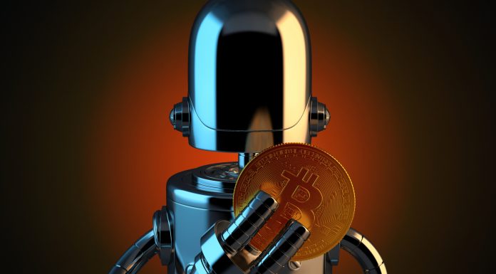 Robô segurando Bitcoin e inteligência artificial