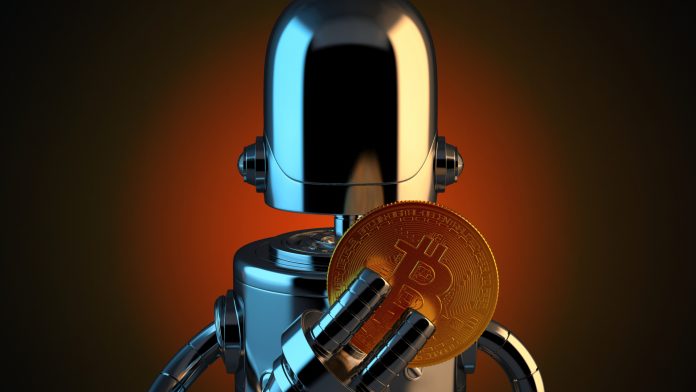 Robô segurando Bitcoin e inteligência artificial e criptomoedas