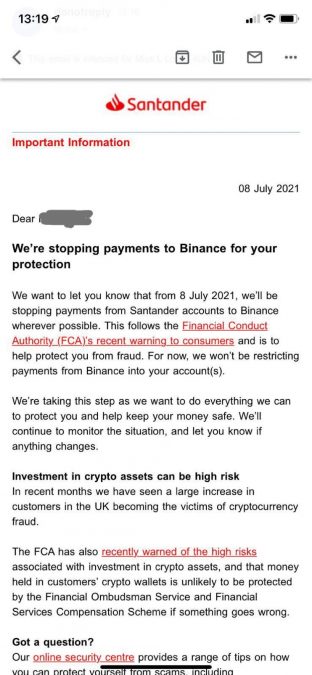 Santander para de processar pagamentos na Binance, no Reino Unido
