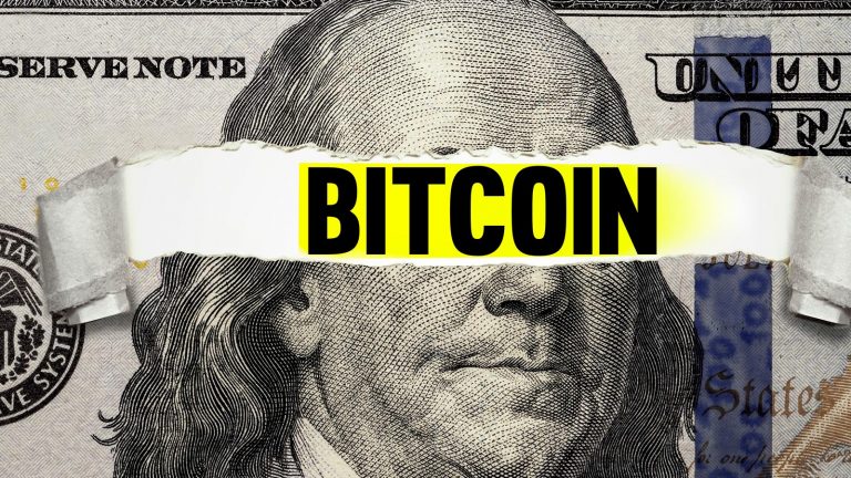 dolar rasgado e Bitcoin. Imagem: ShutterStock