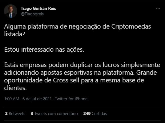 Tiago Reis quer comprar ações de empresas de criptomoedas