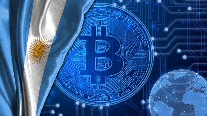 Bandeira da Argentina e rede Blockchain Bitcoin