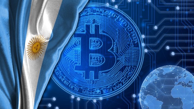 Bandeira da Argentina e rede Blockchain Bitcoin