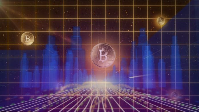 Bitcoin em meio a prédios virtuais companhias comprar