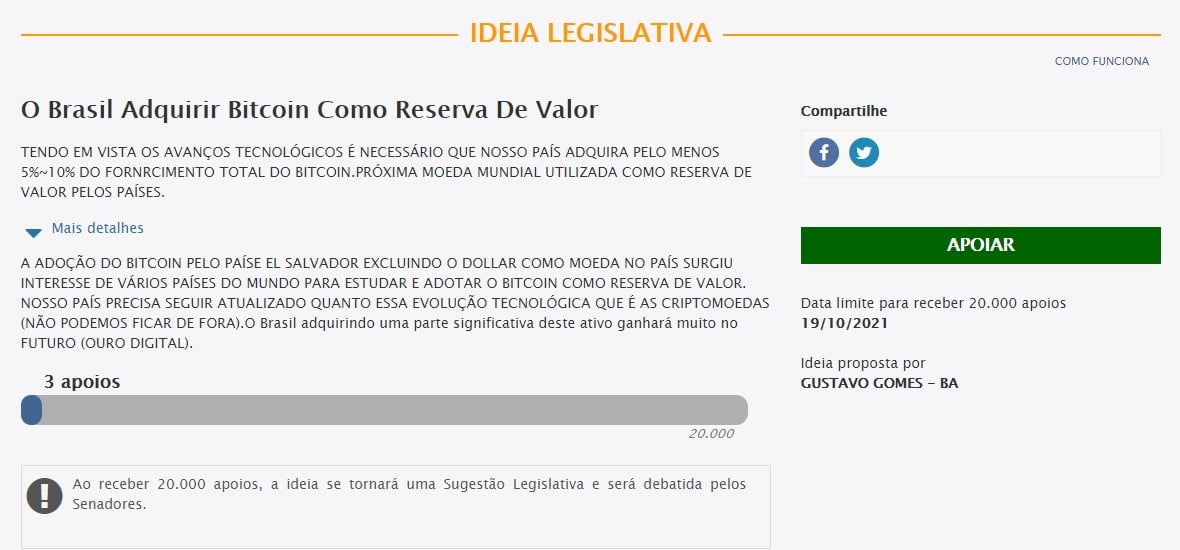 Brasil comprar Bitcoin, ideia legislativa