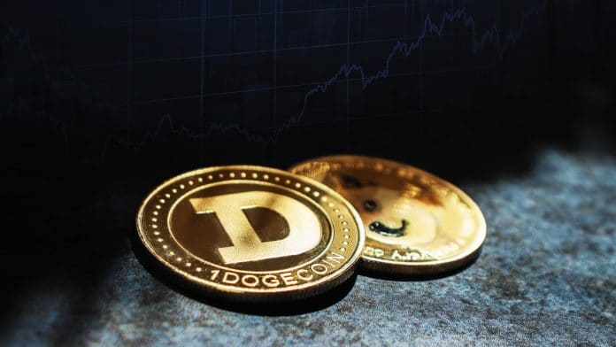 Moedas de Dogecoin e gráfico ao fundo importante