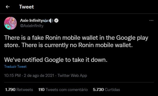Axie Infinitys Twitter -profil advarede mod falsk Ronin i Google Play