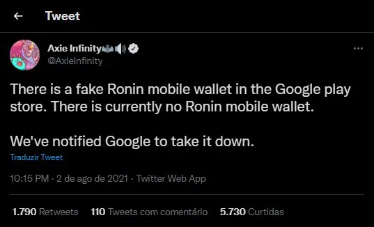 Perfil do Axie Infinity no Twitter alertou contra falsa Ronin na Google Play