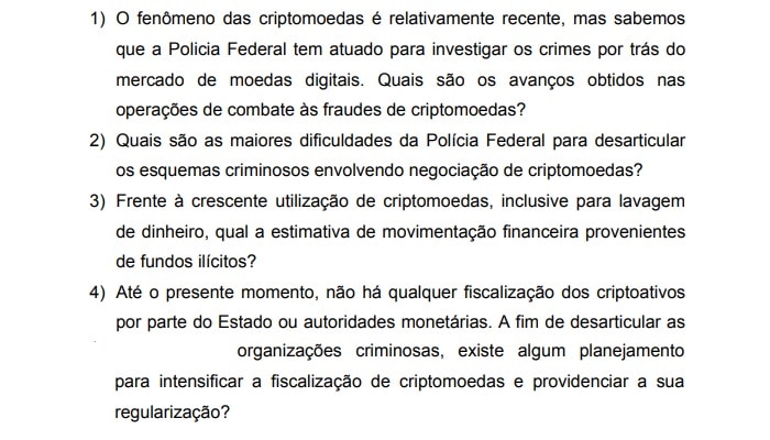 Questões que serão enviadas ao Ministro da Justiça a pedido de Deputado sobre atuação da PF em fraudes com a imagem do Bitcoin