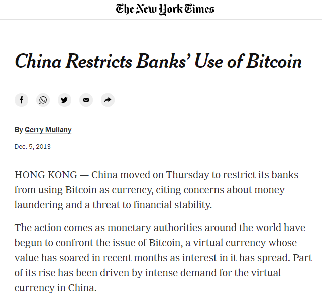 China proibe bancos de usarem Bitcoin, 2013. Fonte: The New York Times