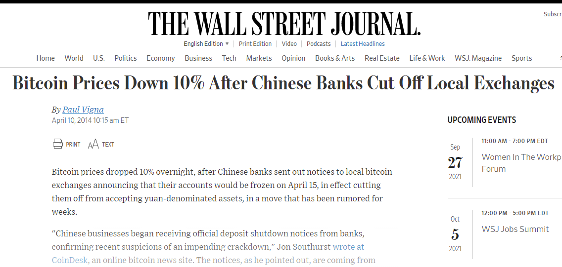 Bancos chineses param de trabalhar com exchanges, 2014. Fonte: The Wall Street Journal
