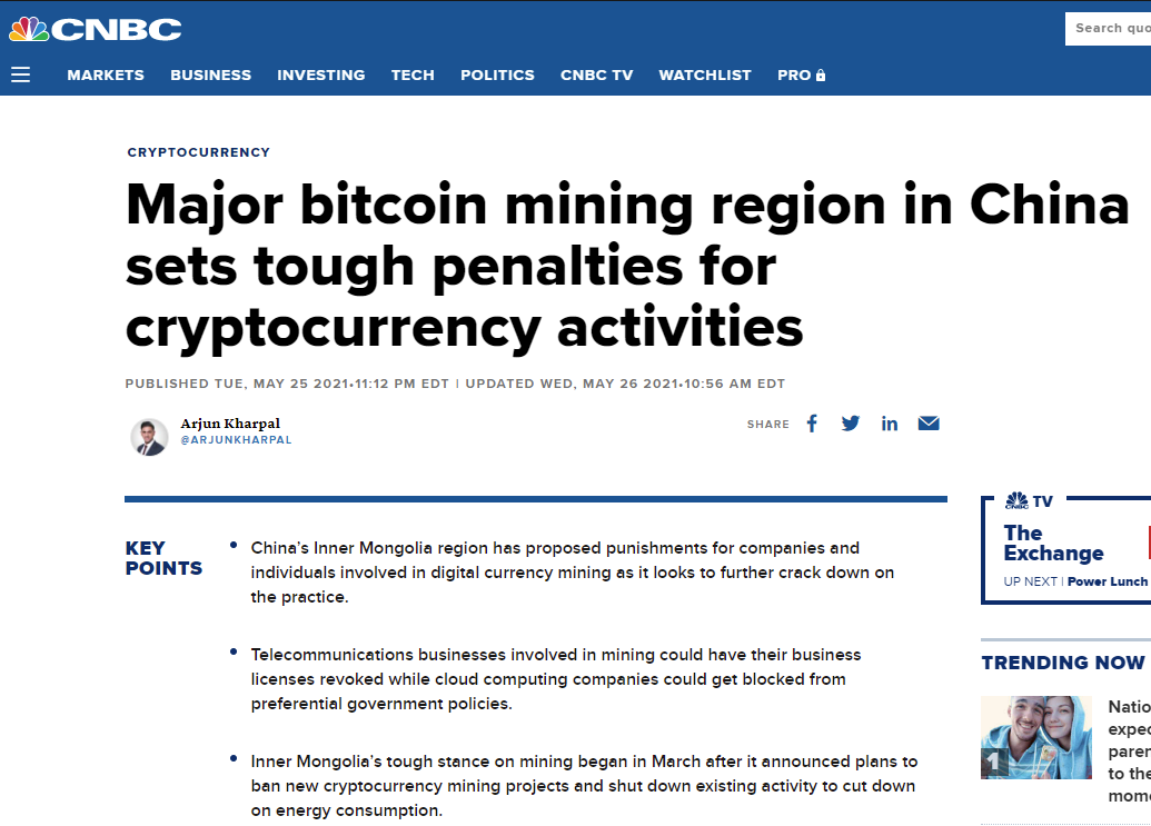 China bane mineradores de Bitcoin, 2021. Fonte: CNBC