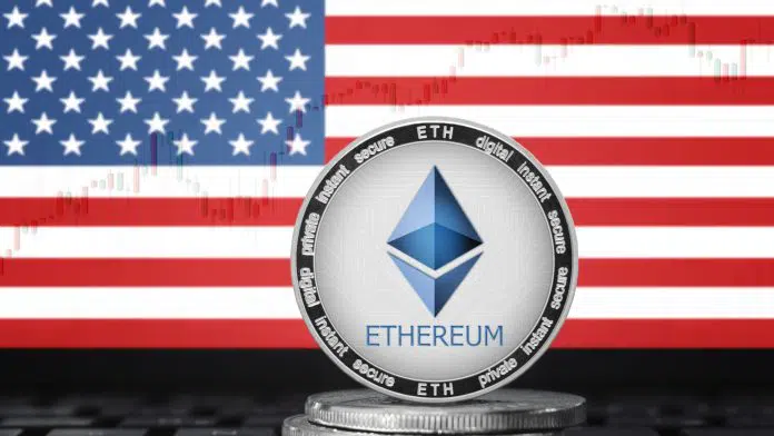 Bandeira dos Estados Unidos e Ethereum EUA ETH criptomoedas