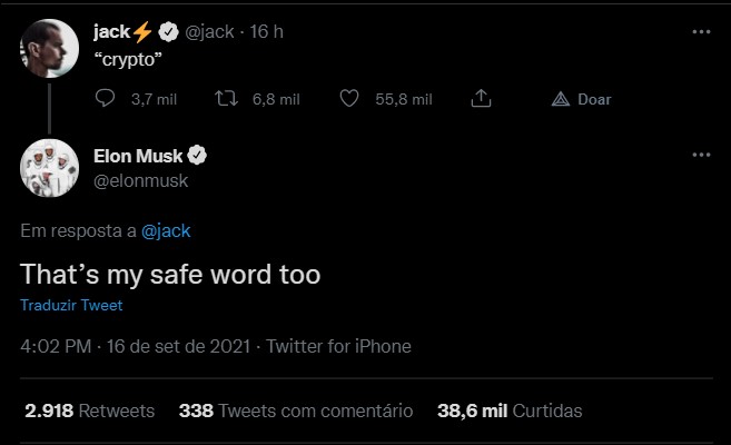 Jack Dorsey recebe comentário de Elon Musk sobre palavra crypto