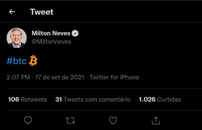 Milton Neves publica sobre Bitcoin em seu Twitter