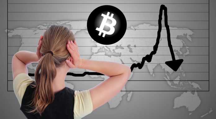 Mulher em pânico vendo gráfico do Bitcoin em queda medo China SP500
