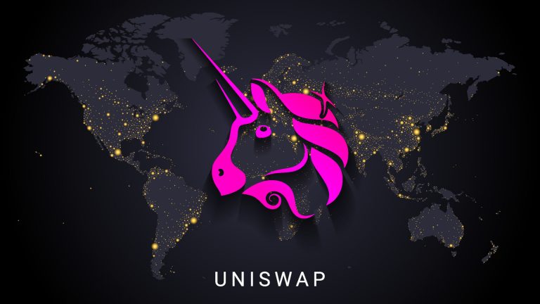 Símbolo da Uniswap em mapa mundial