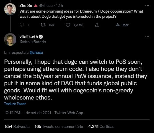 Vitalik Buterin kommenterede, at Dogecoin skiftede til POS