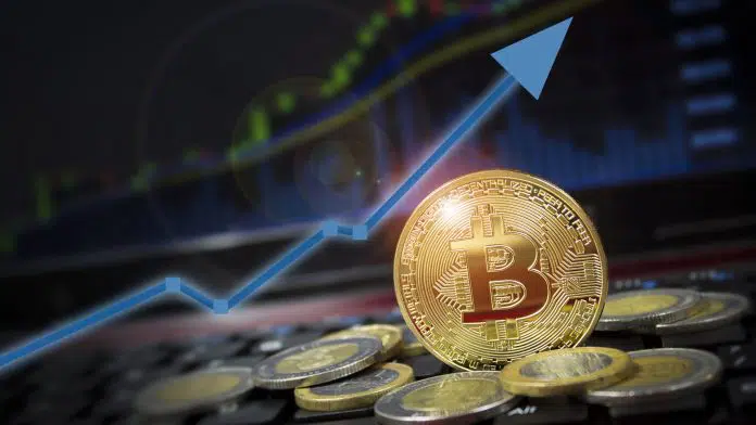 Alta do Bitcoin e moeda brilhando