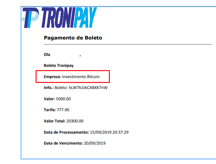 Boleto que consta em processo movido por cliente da Investimento Bitcoin mostrando relação com a TroniPay