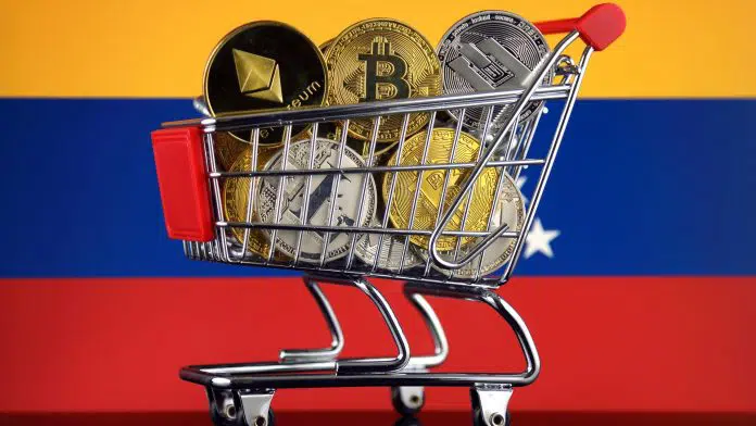 Carrinho de compras cheio de versão física de criptomoedas (Bitcoin, Litecoin, Dash, Ethereum) e Bandeira da Venezuela.