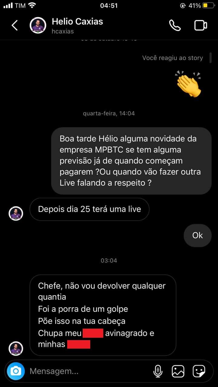 Hélio Caxias saying he won't return anything and swearing at investors