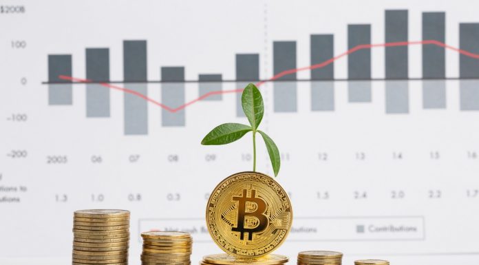 Pilha de Bitcoin em crescimento e gráfico de preço ao fundo