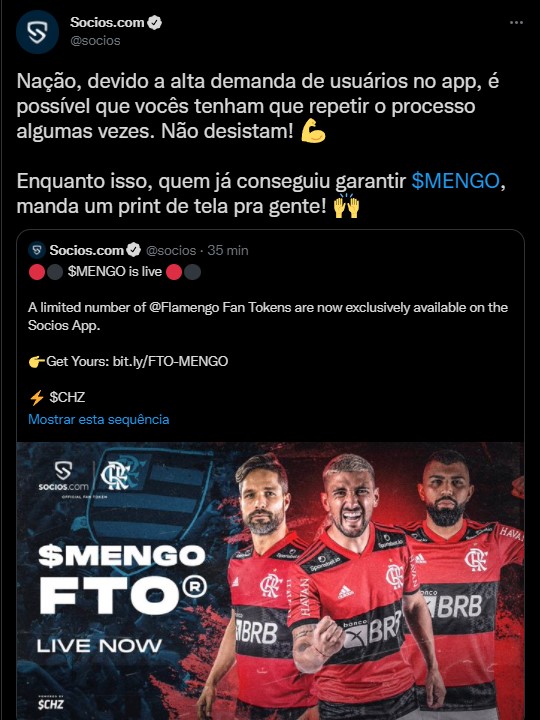 Socios avisa que venda de fan token do Flamengo causou problemas em plataforma