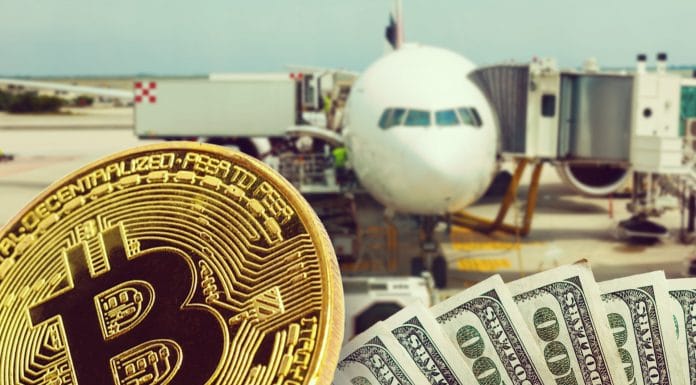 Avião, notas de Dólar e Bitcoin