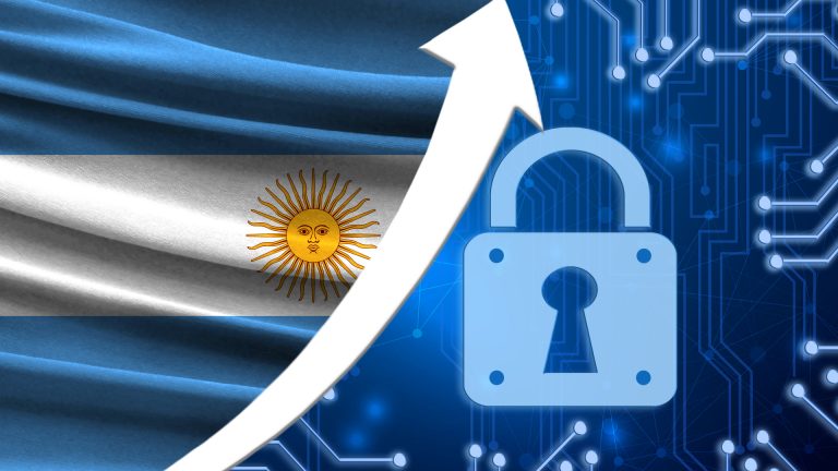 Bandeira da Argentina com seta para cima ao lado de cadeado em rede
