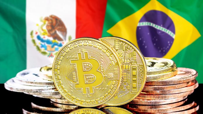 Bandeira do México e Brasil com Bitcoin
