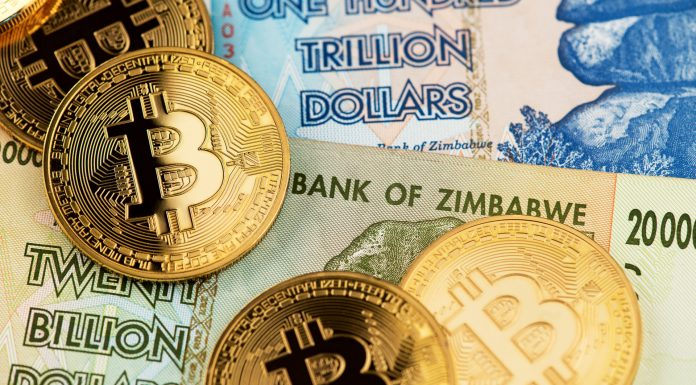 Bitcoin e notas de cédulas do Zimbabwe de 20 bilhões e 100 trilhões de dólares