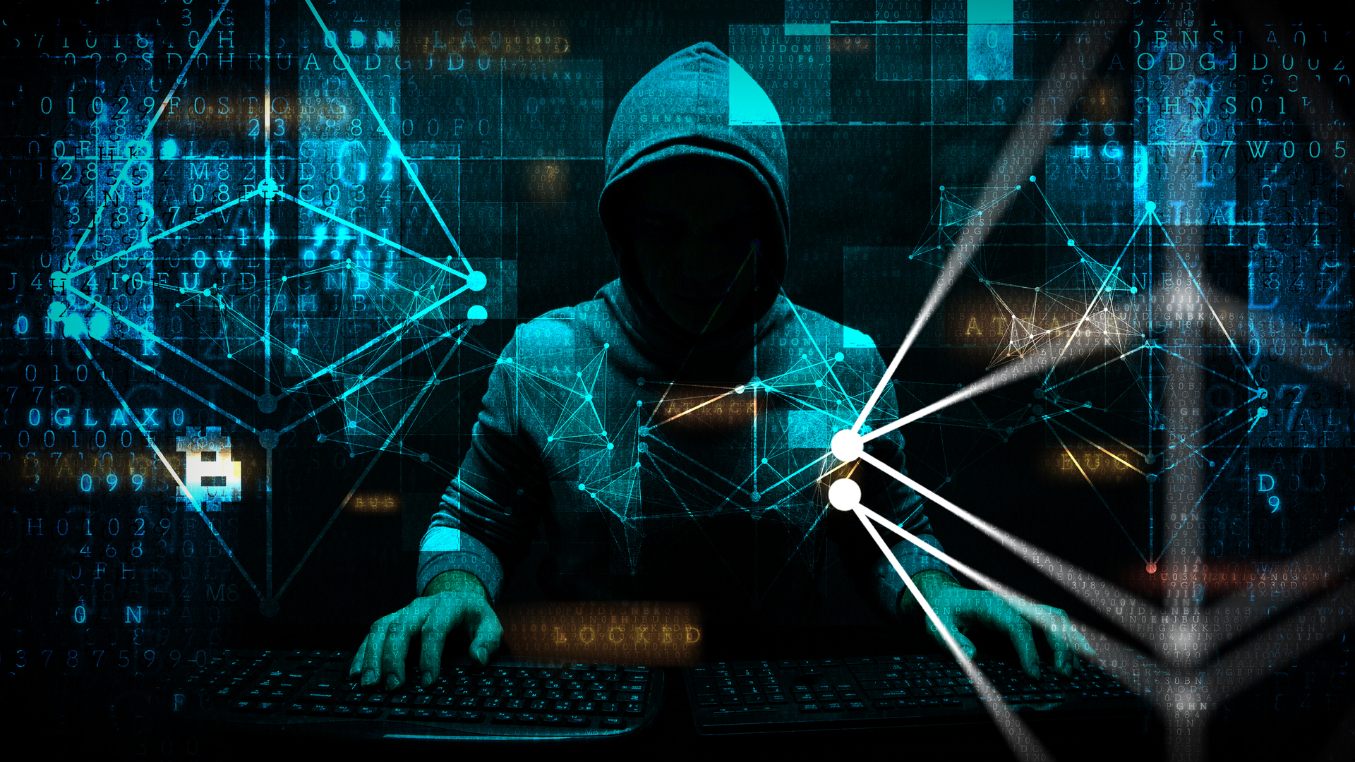 Hacker invadindo e aplicando golpes em vítimas, com símbolos do Ethereum e Bitcoin