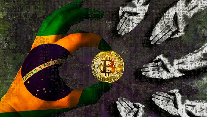 Mão segurando Bitcoin com bandeira do Brasil e mãos ao lado esperando para receber transações e doações de brasileiro