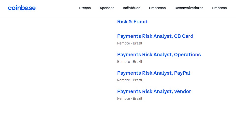 Vagas de risco de pagamentos abertas pela Coinbase no Brasil