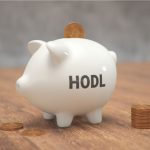 Bitcoin sendo colocado em cofre porquinho com a escrita Hodl